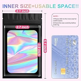 100 Pieces Smell Proof Mylar Bags, Holographic Packaging Bags, Resealable Odor Foil Pouch Zipper Bag with Clear Window for Food Storage and Lipgloss, Jewelry Lash(Black, 3.1 x 5.1 Inch)
