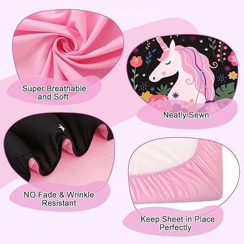 Miniatura 3 de Wowelife Juego de ropa de cama de unicornio de 4 piezas para niños pequeños, juego de sábanas de edredón floral rosa para niños pequeños, juego de