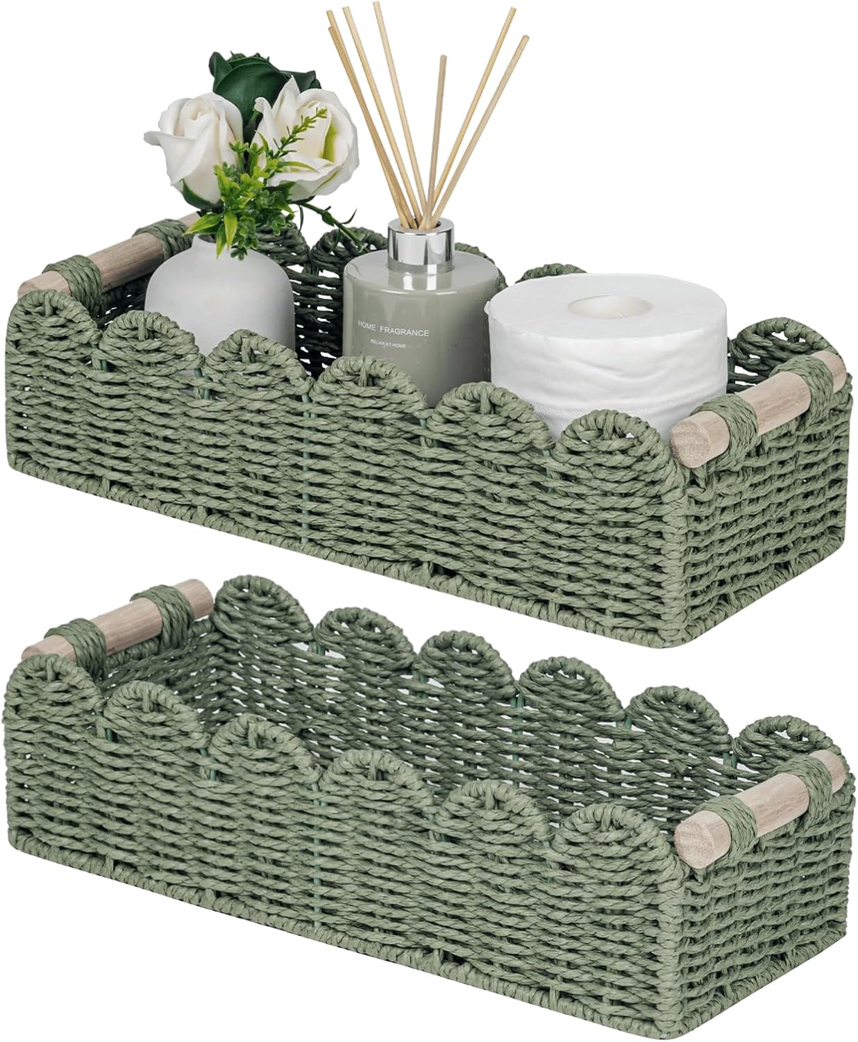 CubesLand Bathroom Basket Organizer, Toilet Tank Paper Storage Baskets 2-Pack, Scalloped Decorative Basket for Countertop w/Handle, Wicker Basket for Bathroom Decor, Home Decor, Living Room, Green