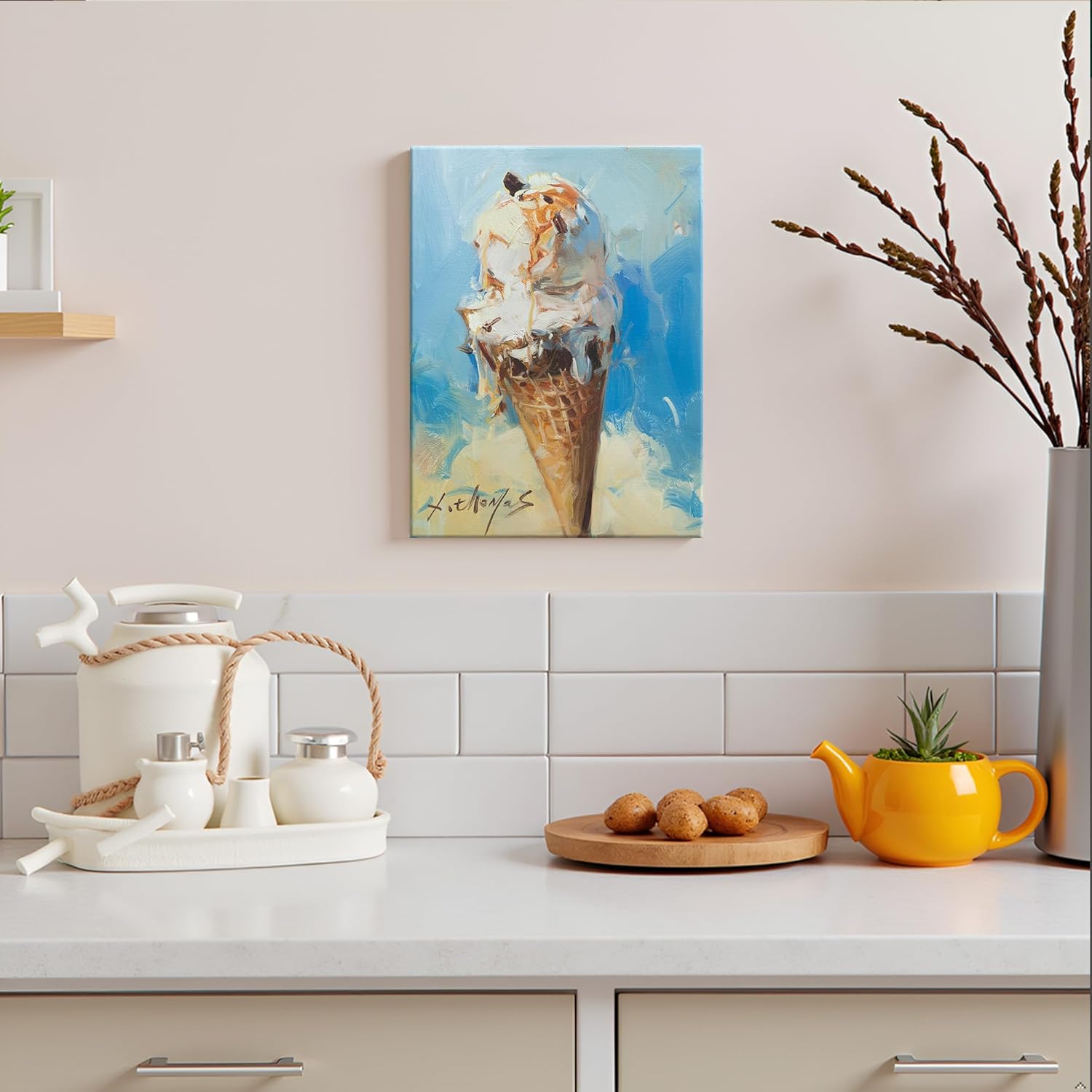 JZLDZS Ice Cream Sweet Treat Wall Art - 12x16 Inch Gallery Wrapped Canvas Painting for Kitchen, Dining & Dessert Lover Decor Ready to Hang