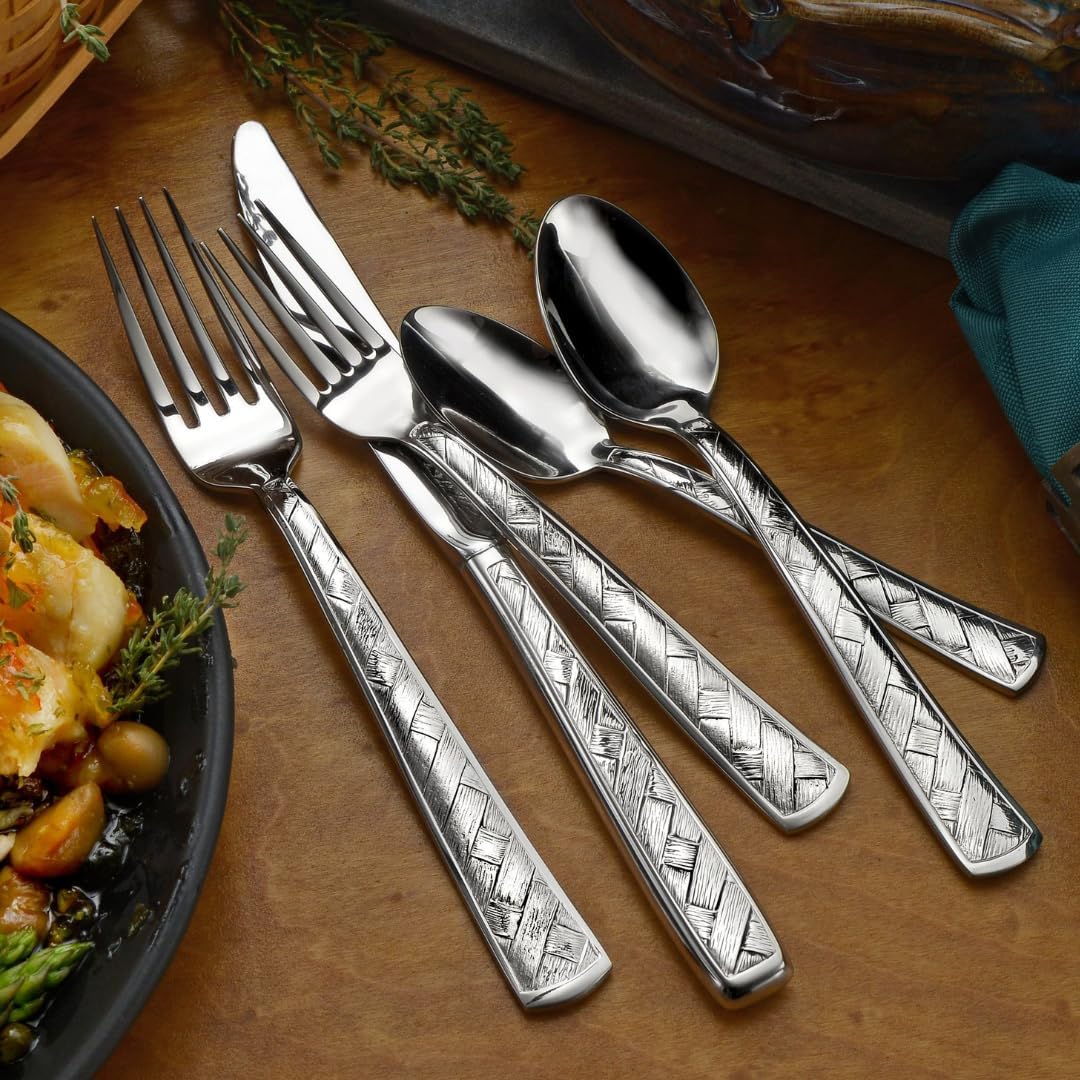 Liberty Tabletop Weave Flatware 68 Piece Set Service for 12 Made in USA 18/10 Stainless Steel Includes Service and Hostess Sets