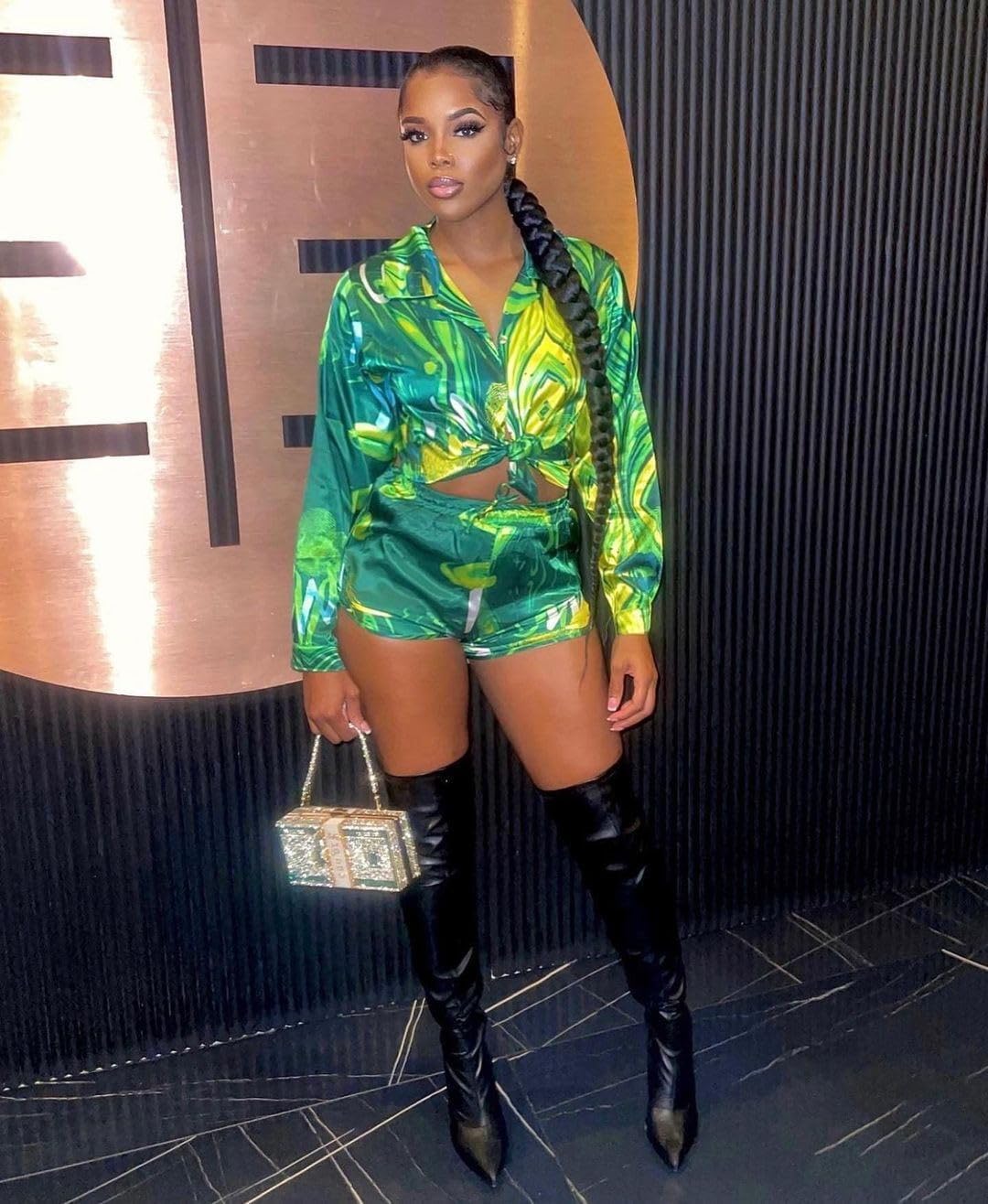 Women 2 Piece Outfit Sexy Printed Crop Top and Shorts Set Tie Front Long Sleeve Matching Set for Club Party Vacation