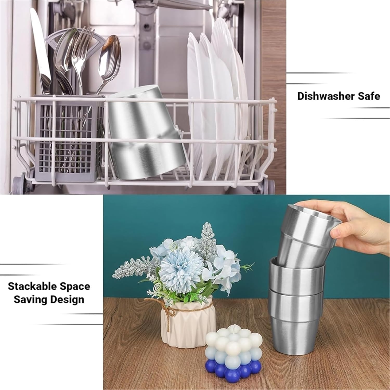 10oz Metal Cups 4 Pack Double Wall Stackable Insulated Stainless Steel 6oz Drinking Glasses(300ml 10oz,B Set of 4)