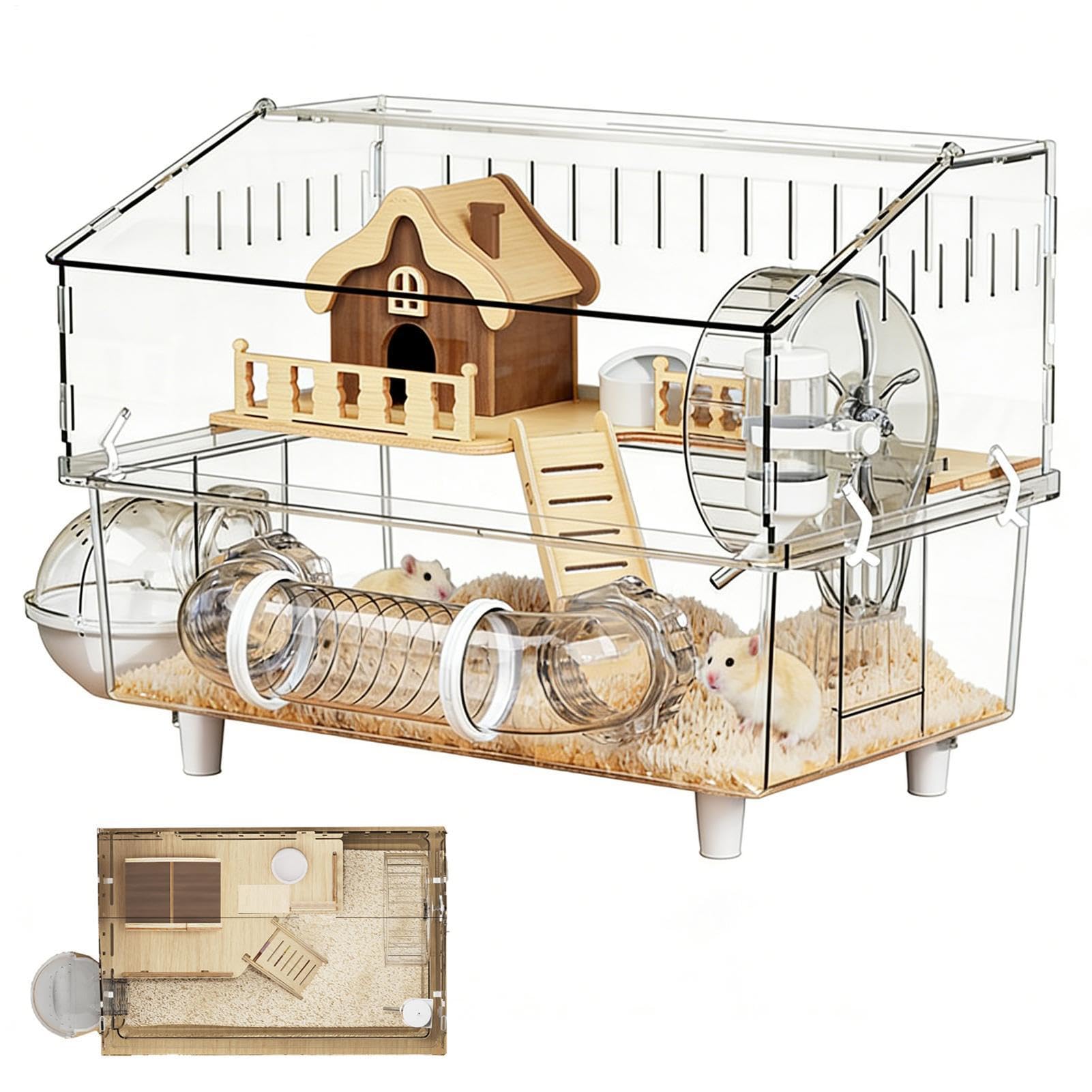 Gran Jaula para Hámster Dos Niveles Transparente Hábitat para Chinchilla | Jaula para Hámster Enano para Interior, Exterior y Viaje, Hogar para Mascotas Pequeñas y Roedores