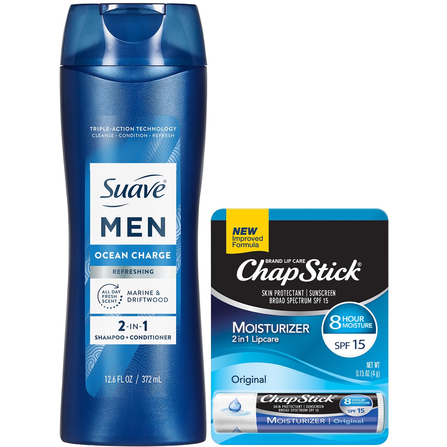 Suave Shampoo, 2-in-1 Ocean Charge + ChapStick Lip Balm, Original Lip Moisturizer, SPF15 Sun Protection