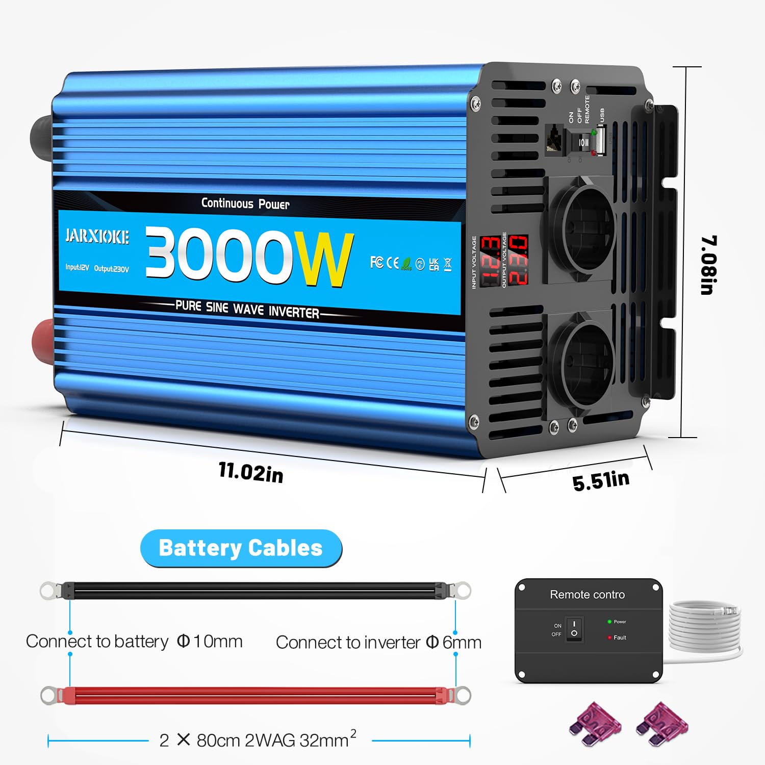 Wechselrichter 12V auf 230V 3000W/6000W Reiner Sinus Spannungswandler mit Fernbedienung,LED-Anzeige,EU AC Steckdosen,USB-Anschluss,Pure Sine Wave Inverter für Auto,Wohnwagen,Boot,Camping,Stromausfall