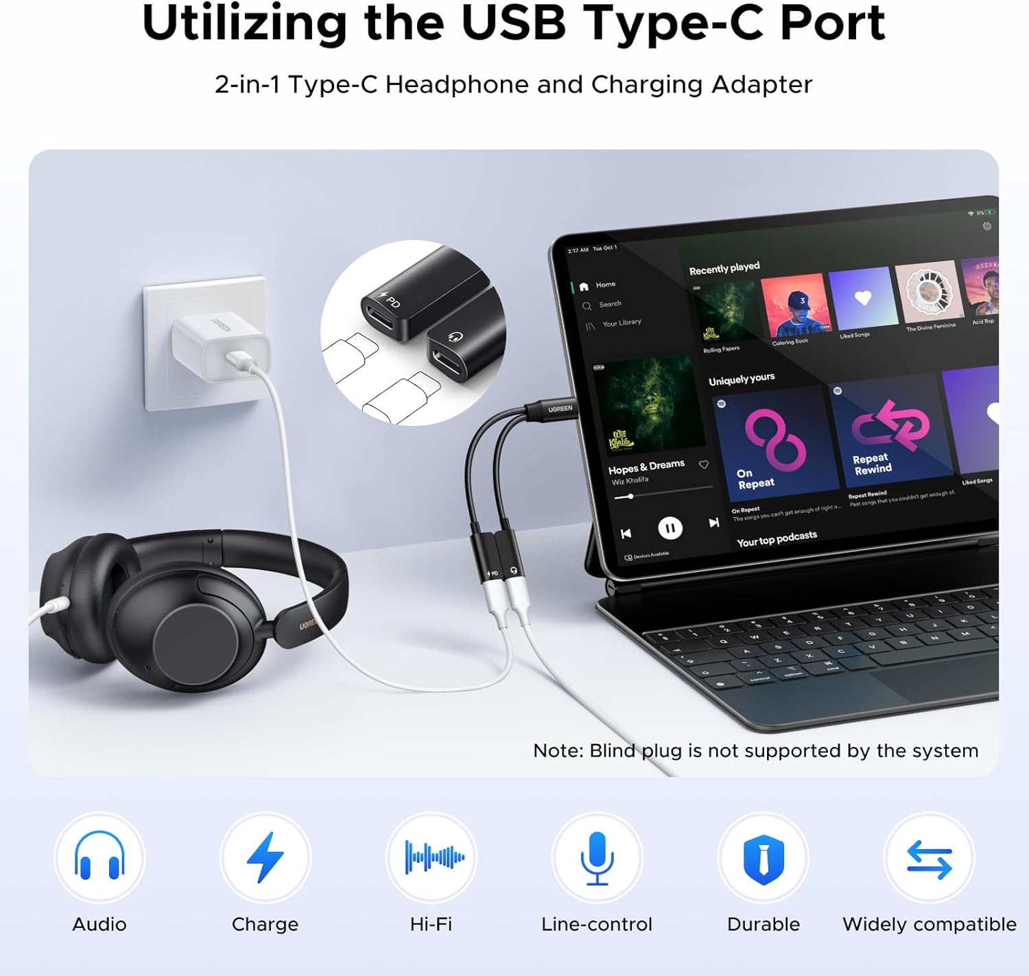 UGREEN USB C Splitter connected to laptop and headphones