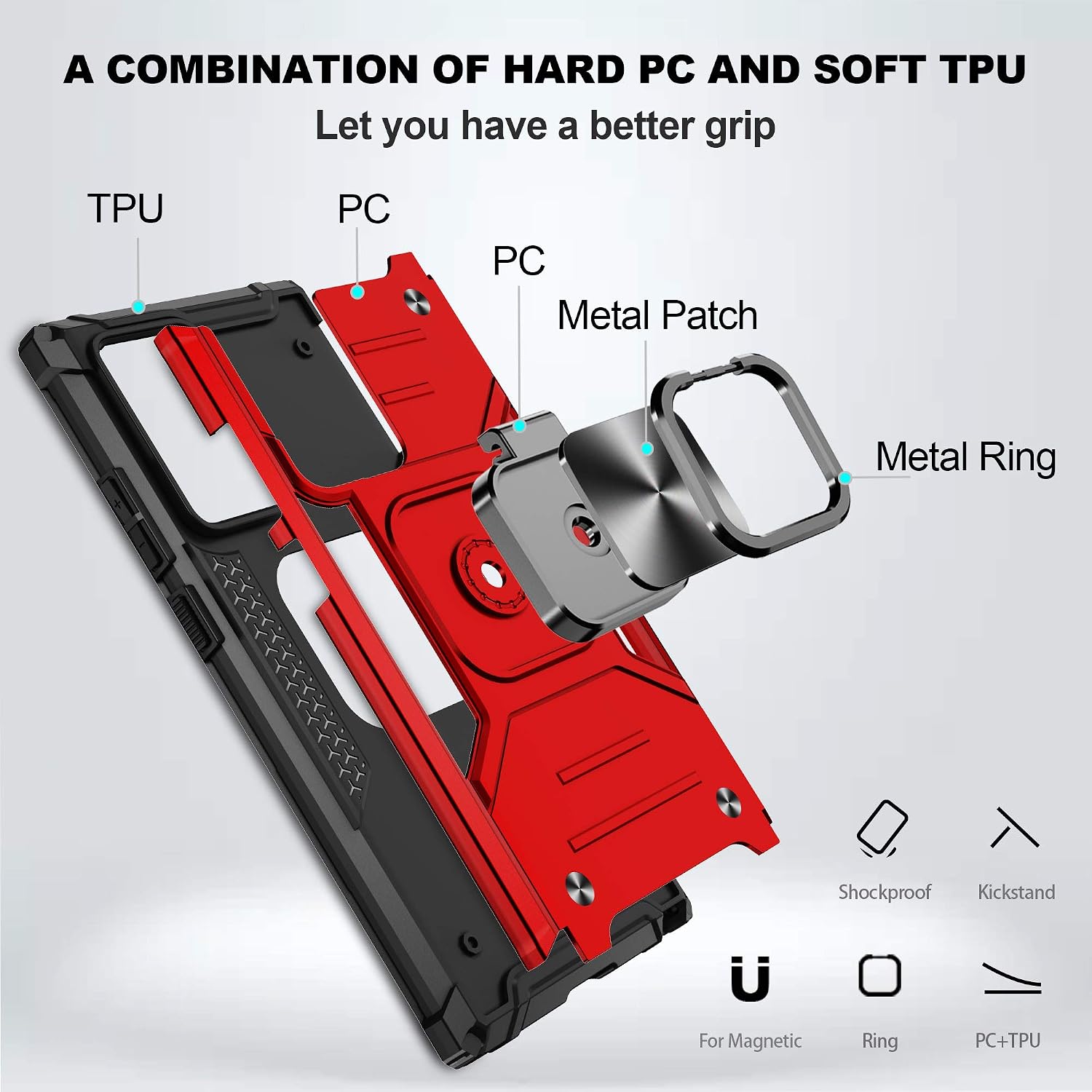Samsung Galaxy Note 20 Ultra Case with HD Screen Protector, Atump 360° Rotation Ring Kickstand [Military Grade] Dual Layer Shock Absorption Protective Case for Galaxy Note 20 Ultra, Red