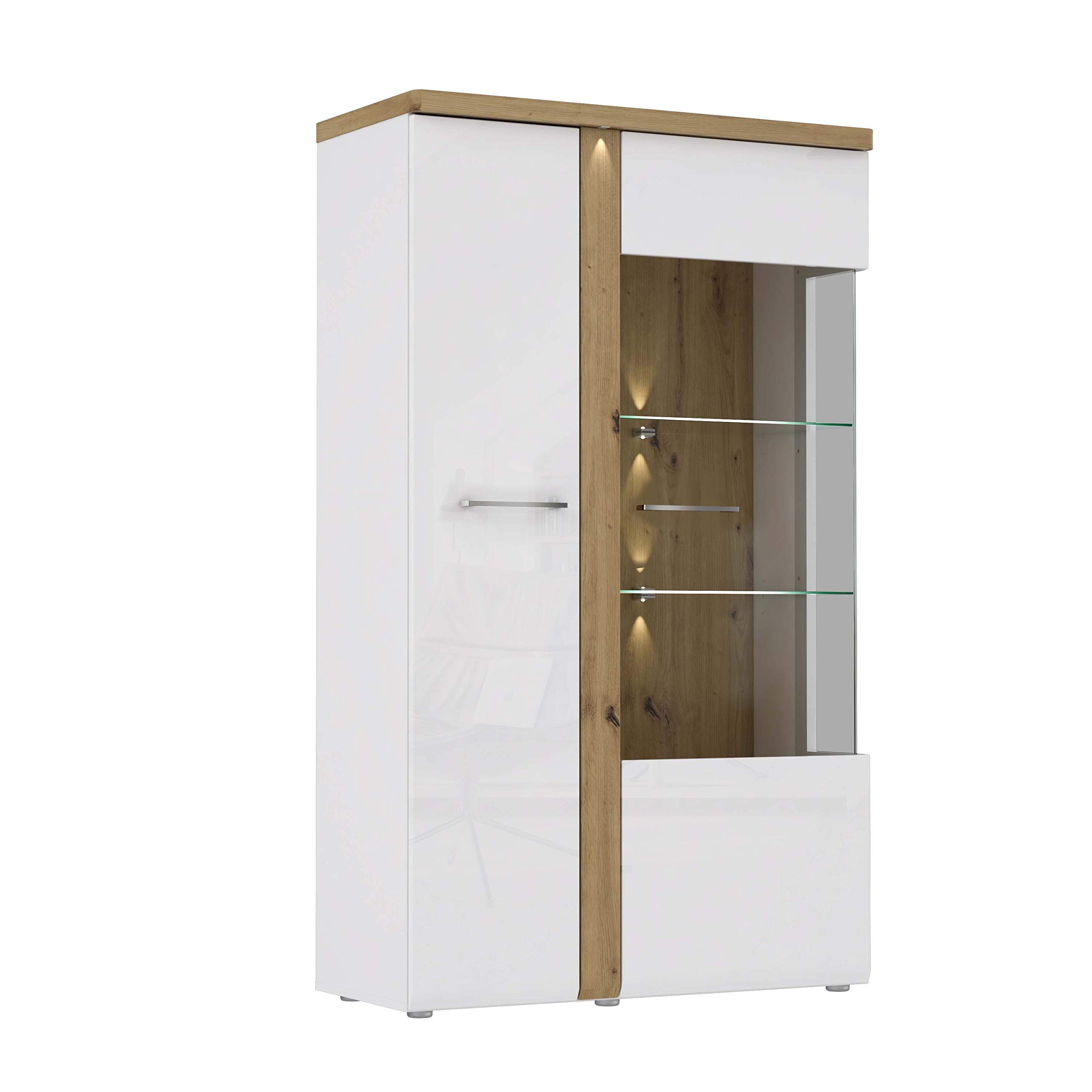 Vetrinetta Dmora Made In Italy - Credenza Con Anta A Vetro | Bianco Lucido | 45x34x162cm | Per Soggiorno O Ingresso