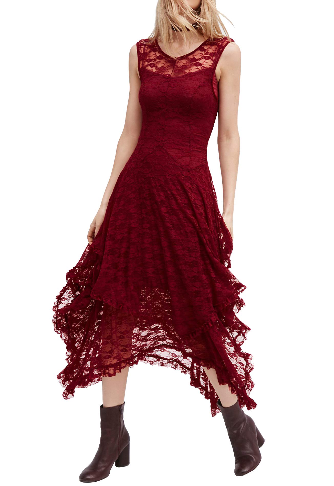 R.vivimos Women's Winered Summer Dress Sleeveless Irregular Hem Lace Long Maxi Dress Party Dresses(Small,)