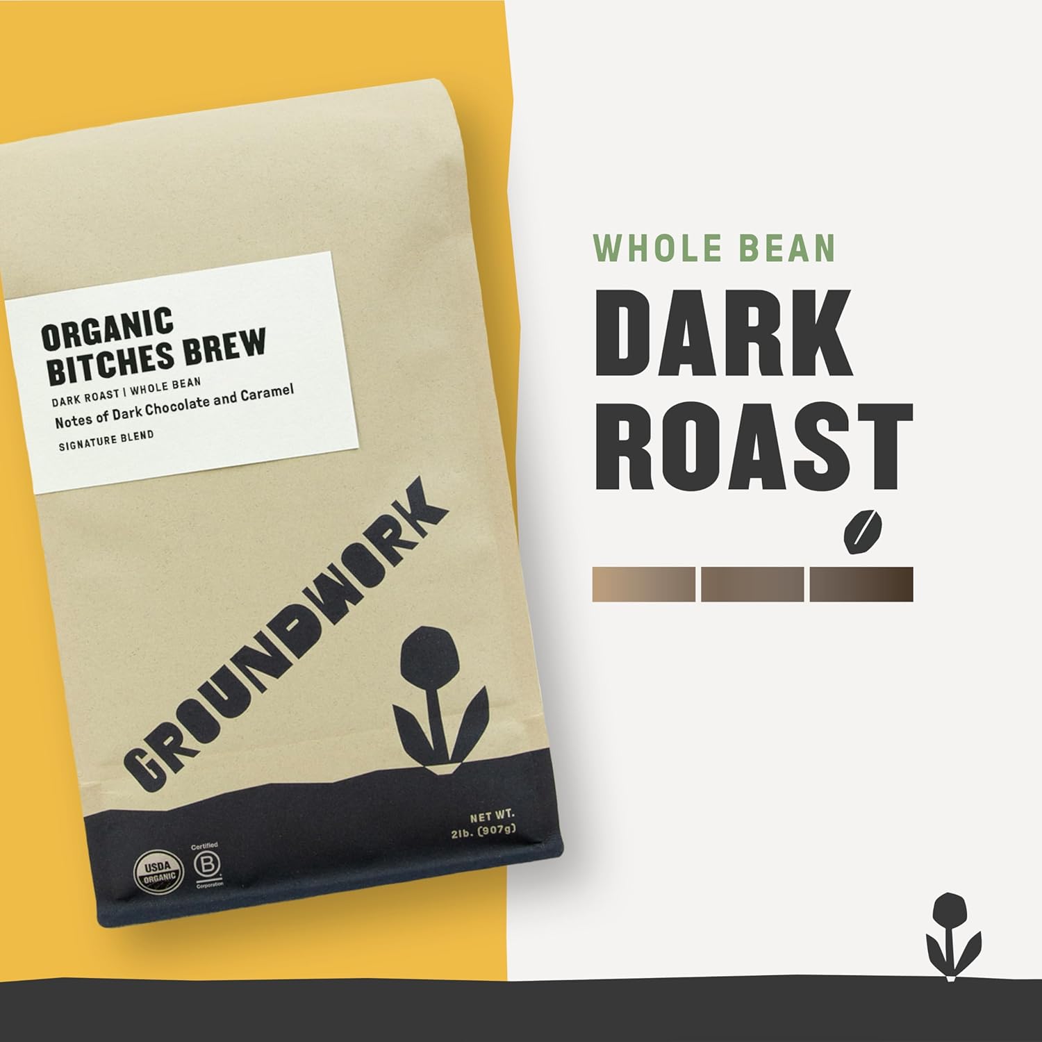 GROUNDWORK B*tches Brew Whole Bean Coffee Dark Roast Blend - USDA Organic Signature Blend Coffee Beans - 2lb Bag