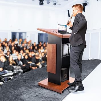 Customized 47’’ Wood Podium with Wheels, Wooden Lectern Stand with15MM Particle Board, Elegant Design with Storage, Pulpits Mic Stand Space, Wooden Pulpit for Churches, Office, School