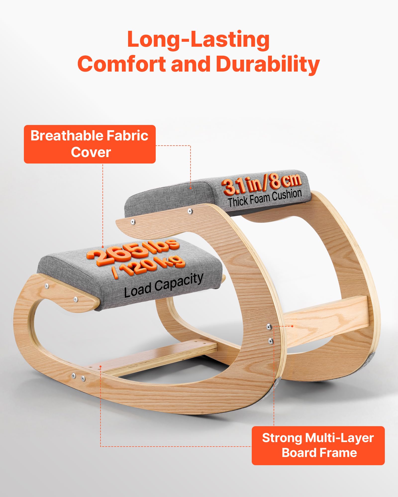 VEVOR Silla Ergonómica de Rodillas con Estructura de Madera y Cojín de Espuma Gris, Taburete para Rodillas Carga de 120 kg, Relajarse de Cuello y Espalda para Hogar, Oficina, 82 x 54 x 55,5 cm