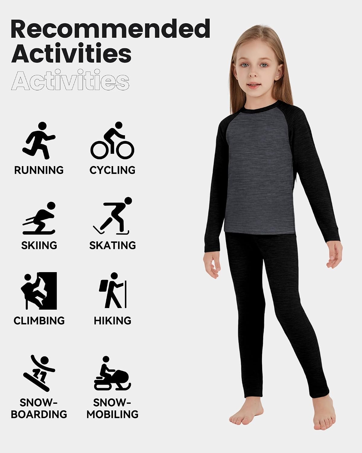 Kids Unisex 100% Merino Wool Base Layer Sets Lightweight Thermal Underwear image 4