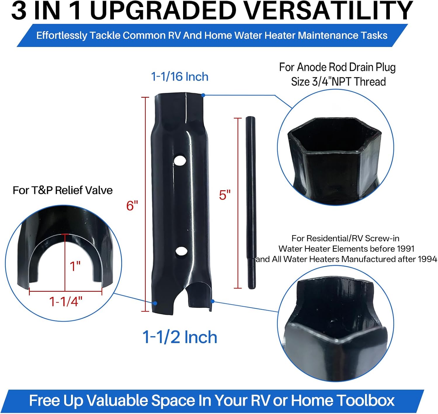 RV Water Heater 1-1/16''& 1-1/2''Socket Wrench - Anode Rod & Element & Relief Valve 3 in 1, Upgraded Rust Proof Quick-Release Hex Socket Remover Tool for Residential RV Camper with a Pry Bar