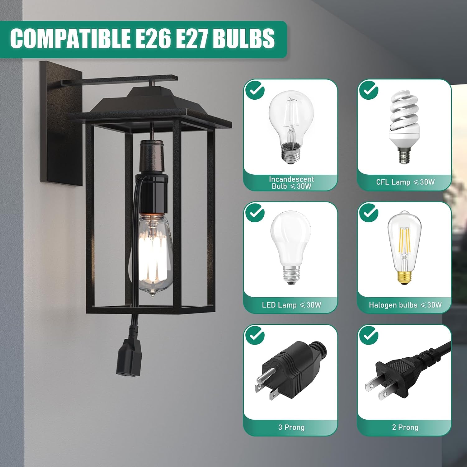 Light Socket Outlet Adapter, 3 in 1 Light Socket to Plug Adapter, Convert E26/E27 Bulb Socket to 3 Prong Outlet with Extension Cord, Suitable for Outdoor Porch Patio Garage 2-Pack