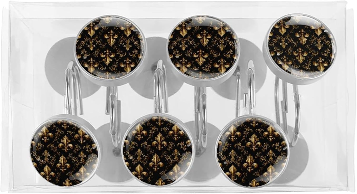 Gold Black Fleur De Lis Pattern Shower Curtain Hooks, Rustproof Shower Curtain Rings for Bathroom, Stainless Steel Shower Hooks for Shower Curtain Rod, Decorative Shower Curtain Hangers Set of 12