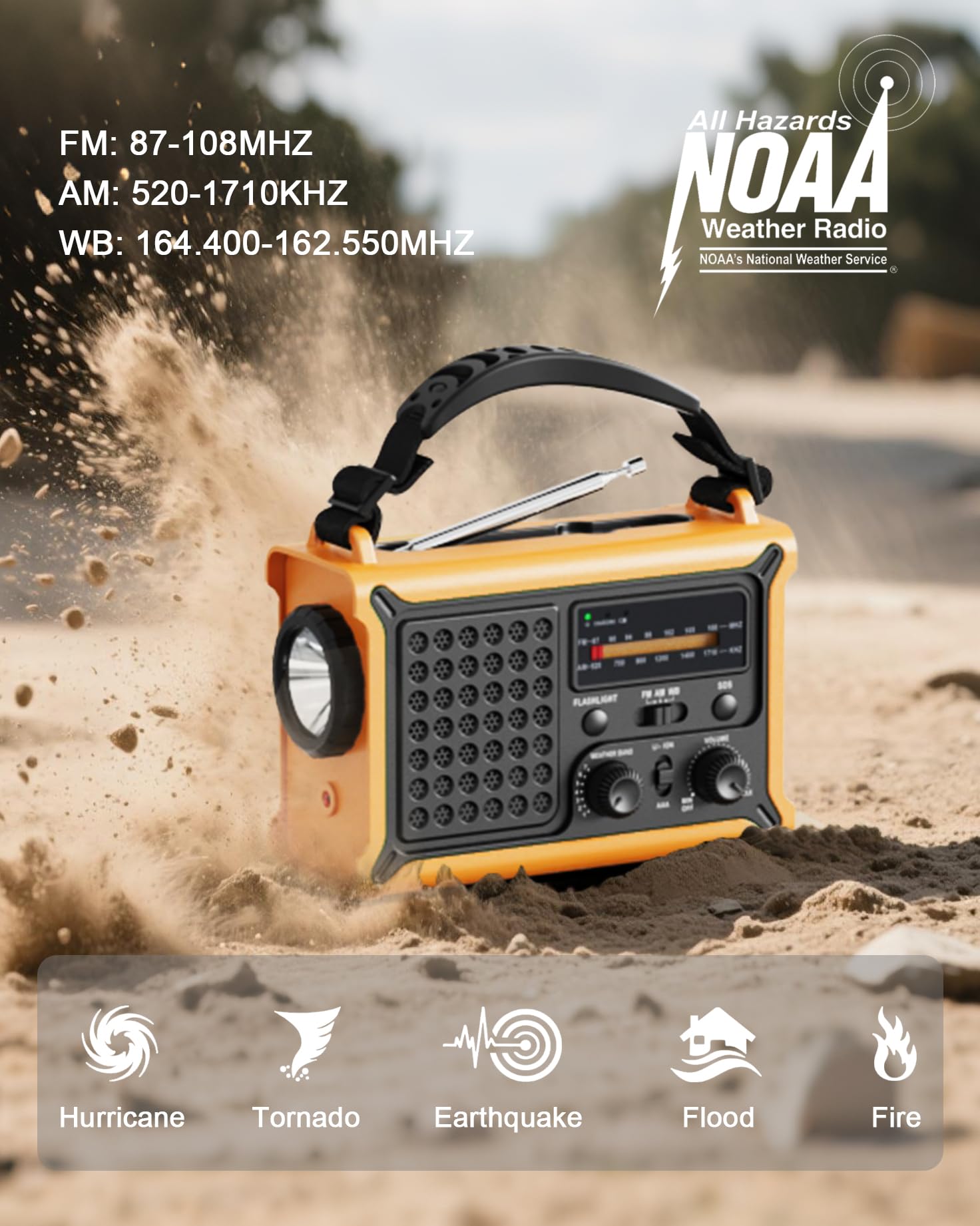 Notfall-Wetterradio mit Solar und Handkurbel – tragbares NOAA AM/FM-Wetteralarm-Radio, 12000 mAh/44400 mWh Powerbank, LED-Taschenlampe & Leselampe, SOS-Alarm für Hurricane Kit Camping Survival