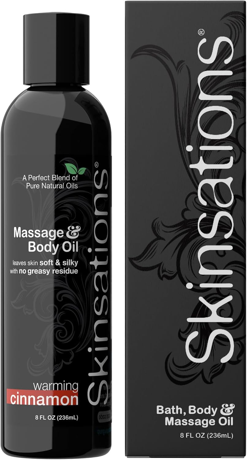 Skinsations - Cinnamon Massage Oil for Massage Therapy - 8oz | Naturally Warming Body Oil for Comfort & Aromatherapy | Sweet Almond, Coconut, Jojoba & Grapeseed Oils