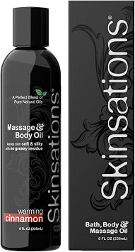 Skinsations - Cinnamon Massage Oil for Massage Therapy - 8oz | Naturally Warming Body Oil for Comfort & Aromatherapy | Sweet Almond, Coconut, Jojoba & Grapeseed Oils