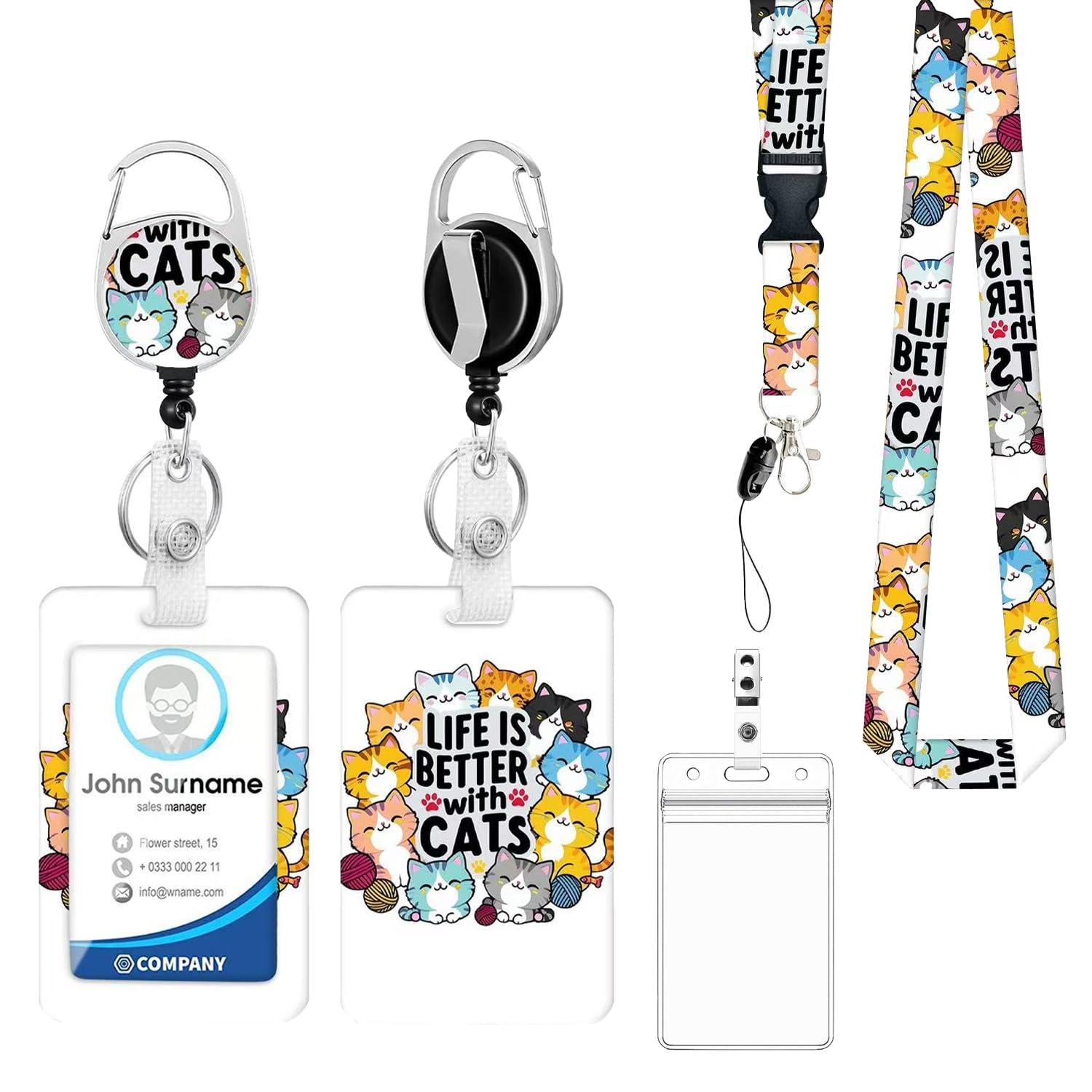 Fashionable ID Badge Holder Lanyard Set - Retractable Badge Reel with Carabiner Clip & Detachable Strap, Vertical Card Protector for Teacher, Doctor, Nurse & Student (10 Cats) โ image 1