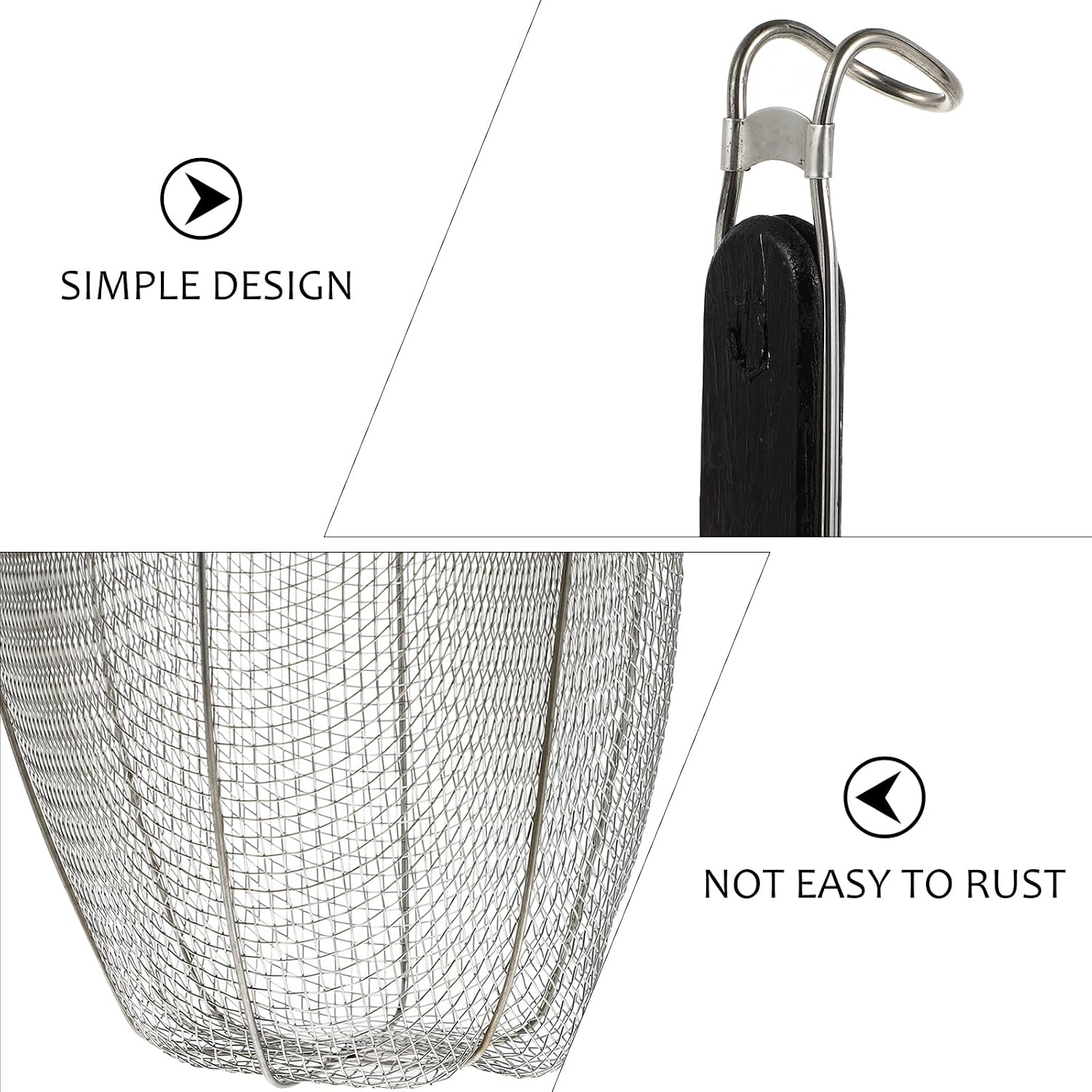 Large Strainer Colander Basket - Stainless Steel, Wooden Handle for heat resistance, fine mesh Udon Pasta Noodle Ramen Rinsing Straining Boiling Frying