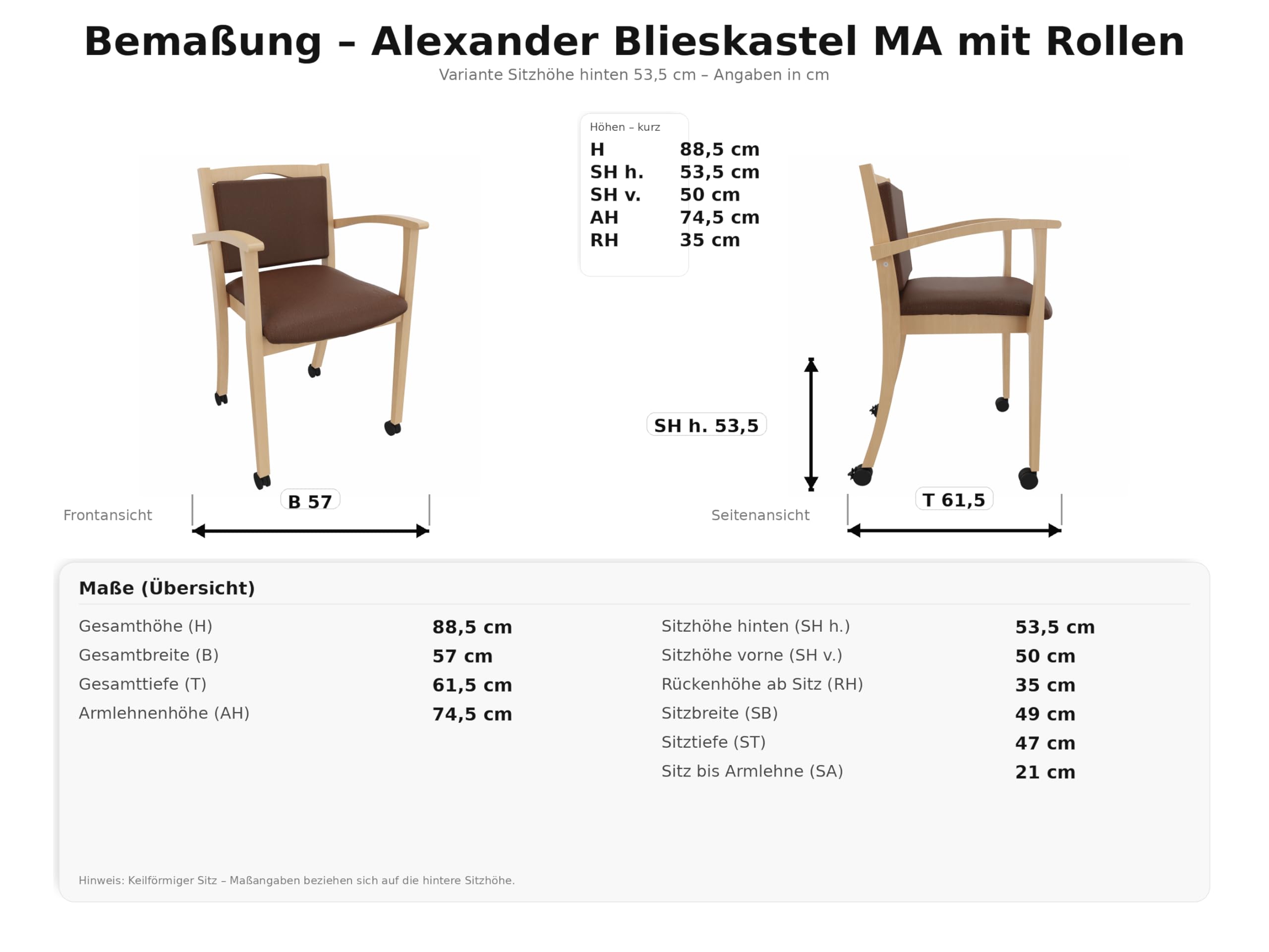 Alexander Blieskastel - Silla de aseo con reposabrazos y ruedas, de madera maciza, acolchada, ergonómica, estable, ya montada, con cadera (tejido Gomera marrón, altura del asiento de 58,5 cm)