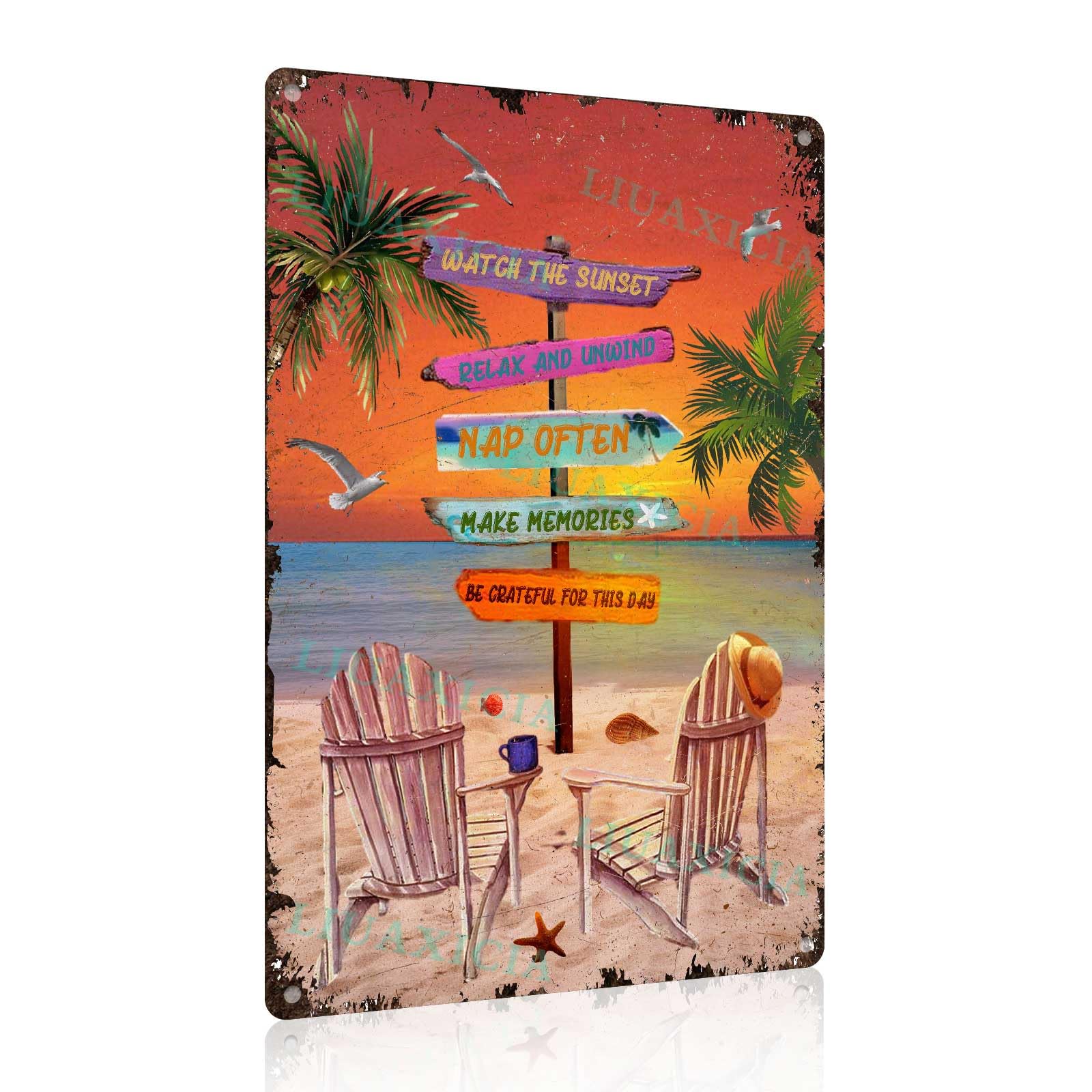 peiyeety 8 * 12inches Funny Beach Tin Sign Beach Sunset Metal Tin Signs For Beach Bedroom Home Party Birthday Party Bar Wall Decor Aluminum Signs