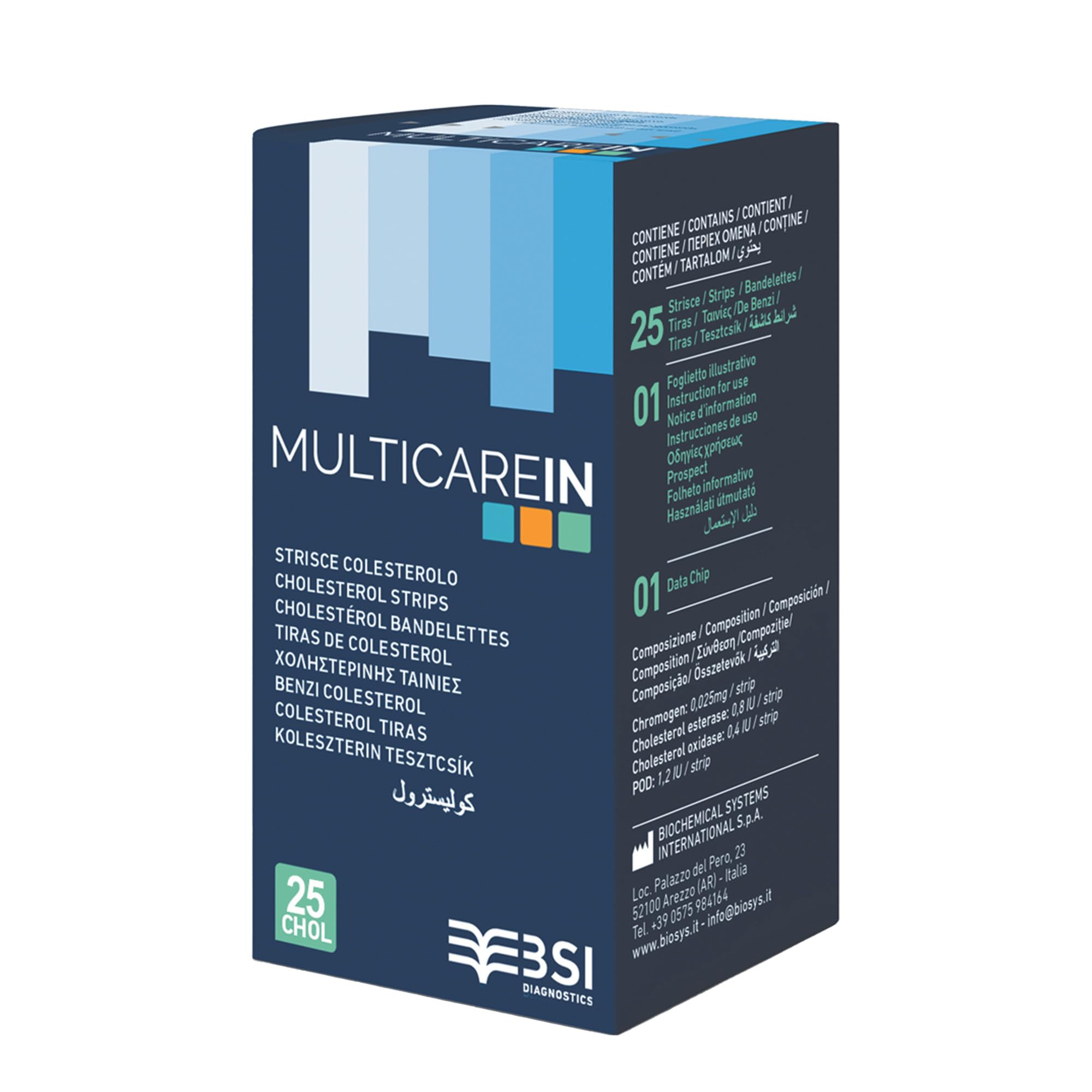 MultiCare In 24159 Strisce Colesterolo, Test Colesterolemia, per Lettore Multicare In, Biosensore con 1 Chip, 25 Strisce in Barattolo e Astuccio
