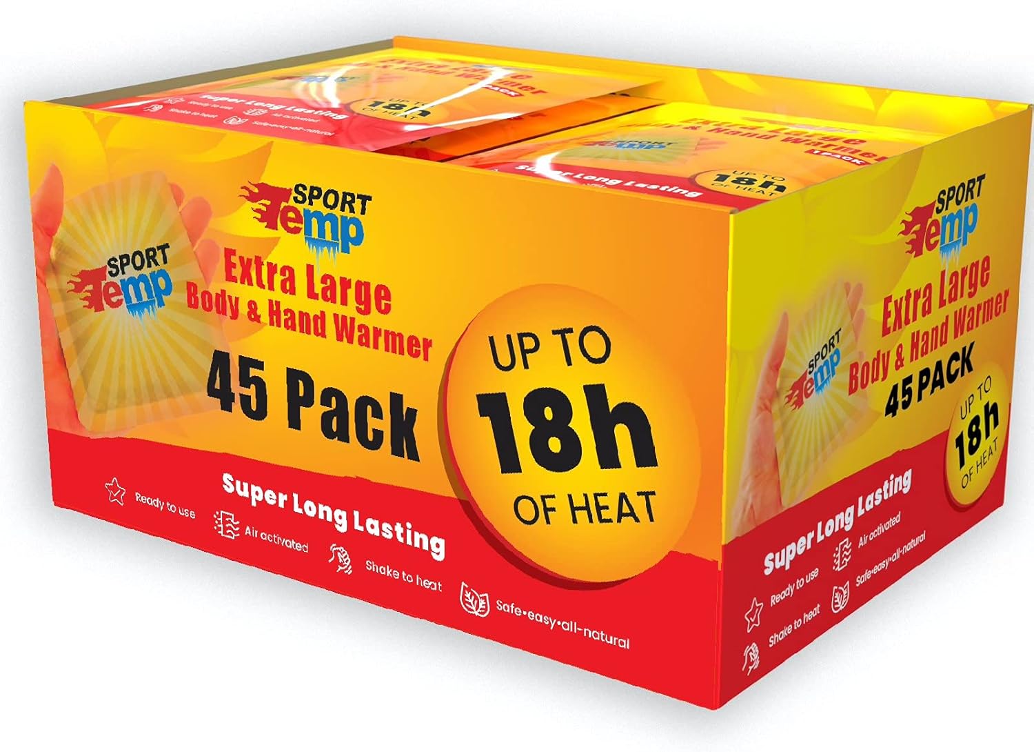 Large Hand & Body Warmers (45 Count) - Up to 18 Hours of Heat, Super Long Lasting - Easy, All Natural - Air Activated, for Body, Hands & Toes - Odorless Hot Hand Warmer - Sport Temp : Sports & Outdoors