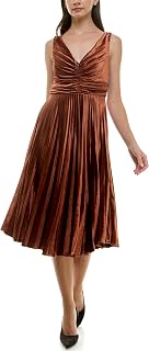 Maison Tara Women's Sleeveless Lux Velvet V-Neck Sunburst Pleat Midi Dress