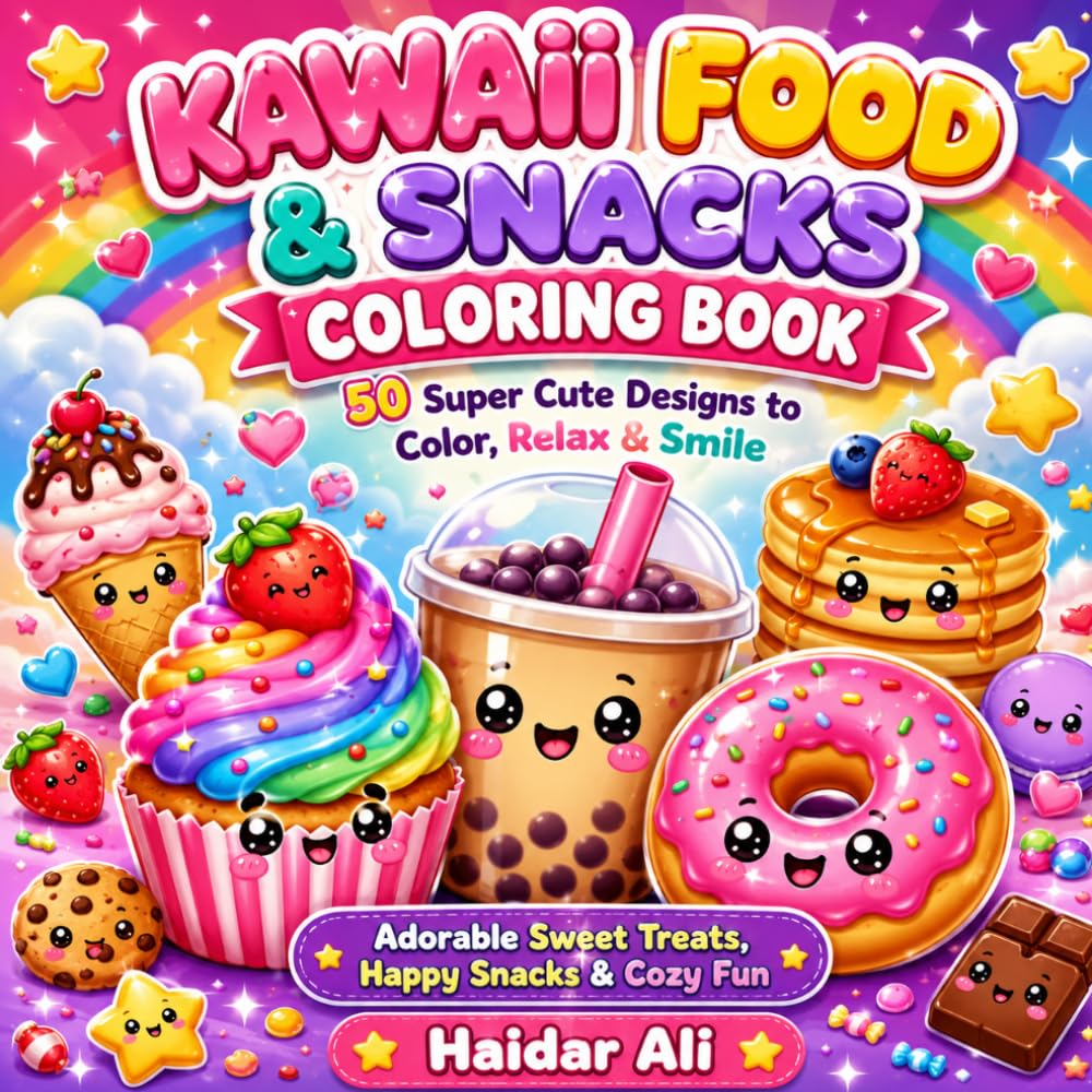 Kawaii Food & Snacks Coloring Book: 50 Super Cute and Easy Coloring Pages Featuring Adorable Desserts, Drinks, Fast Food and Sweet Treats for Kids, Teens and Adults