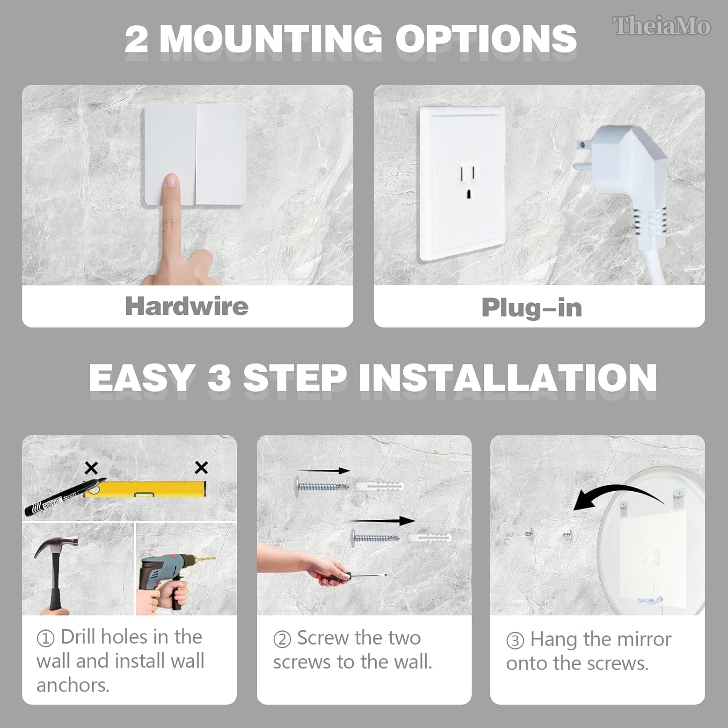 Round LED Mirror for Bathroom, 36" Circle Frameless Backlit Mirror with Lights, Wall Mounted Vanity Mirror, 3 Colors, Dimmable, Anti-Fog, IP65 Waterproof, Memory Function, UL Listed