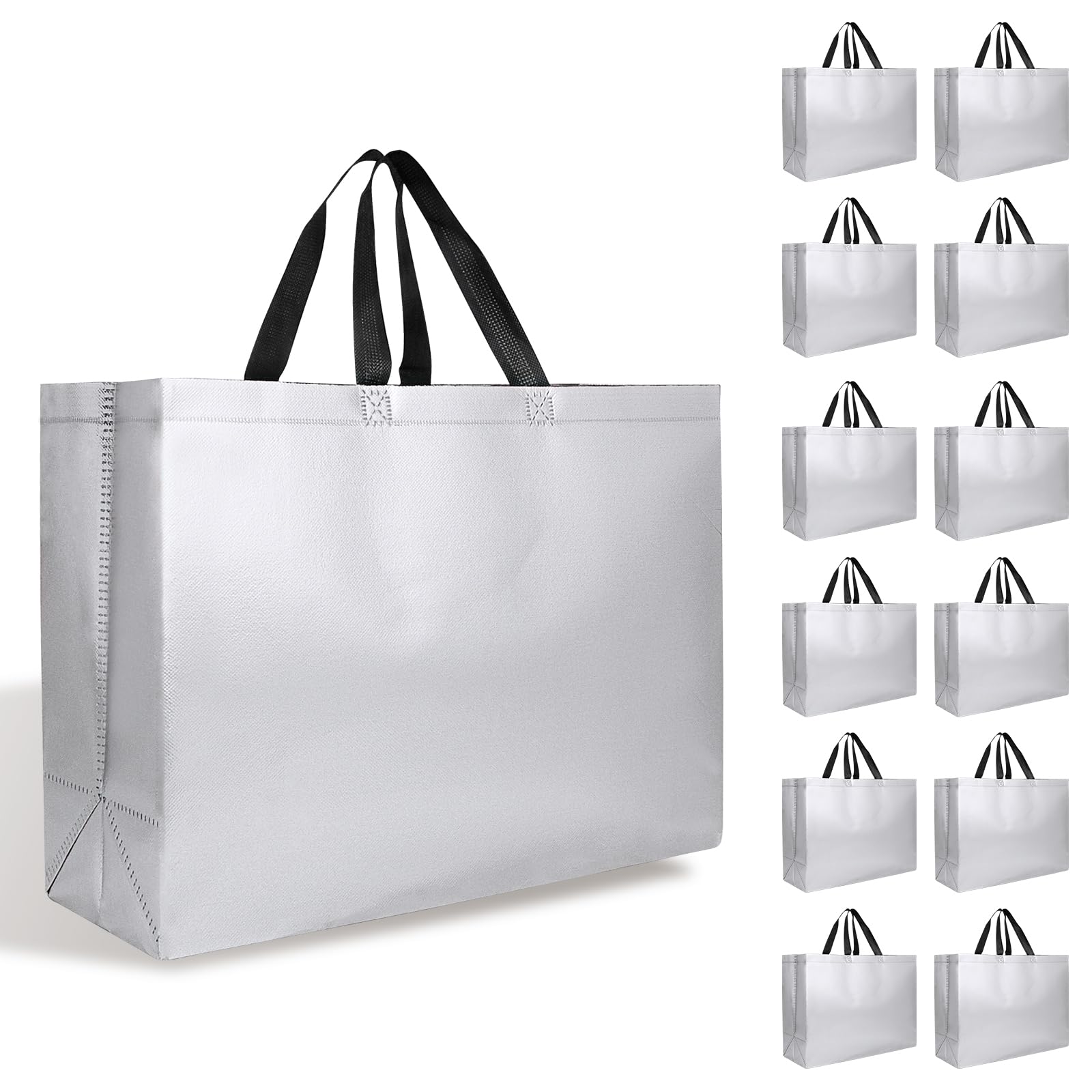 Photo 1 of ?12-Pack Silver? Reusable Gift Bags with Handles, Bulk Goodie Bags for Easter, Baby Shower, Birthday, Party Favors, Wedding, Holiday Goodie | 16x6x12 Inches | 12 Premium Silver Bag | Eco-Friendly