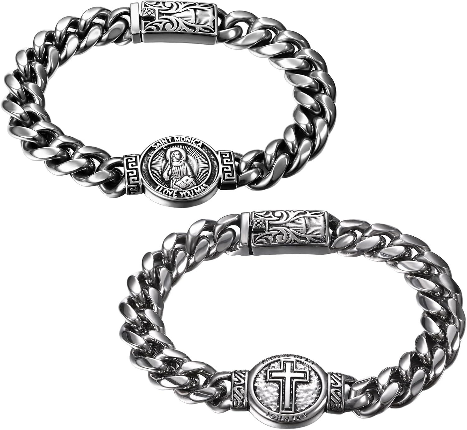 Aroncent Mens Cuban Link Bracelet: 9 Inch Stainless Steel Chain with Secure Clasp - Silver Religious Jesus Christ Jewelry - Image 5