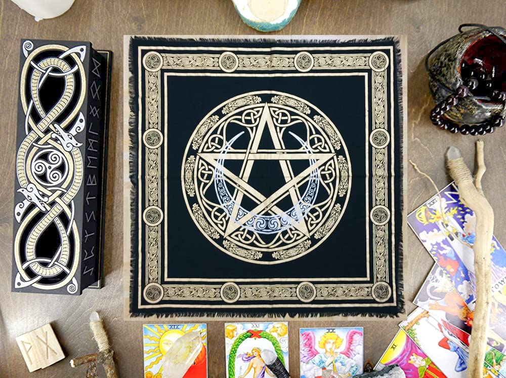 Ava Collections Black Altar Cloth Alter Pentacle Witchcraft Spread Tarot Table Cloth Wiccan Square Spiritual 24 By 24 Sacred Cloth (Triquetra Pentacle Gold Silver)