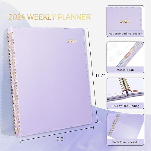 Miniatura 4 de SUNEE Agenda semanal y mensual 2024 de 9.2 x 11.2 pulgadas, 12 meses (enero de 2024 a diciembre de 2024), cubierta de cuero vegano, bolsillo,