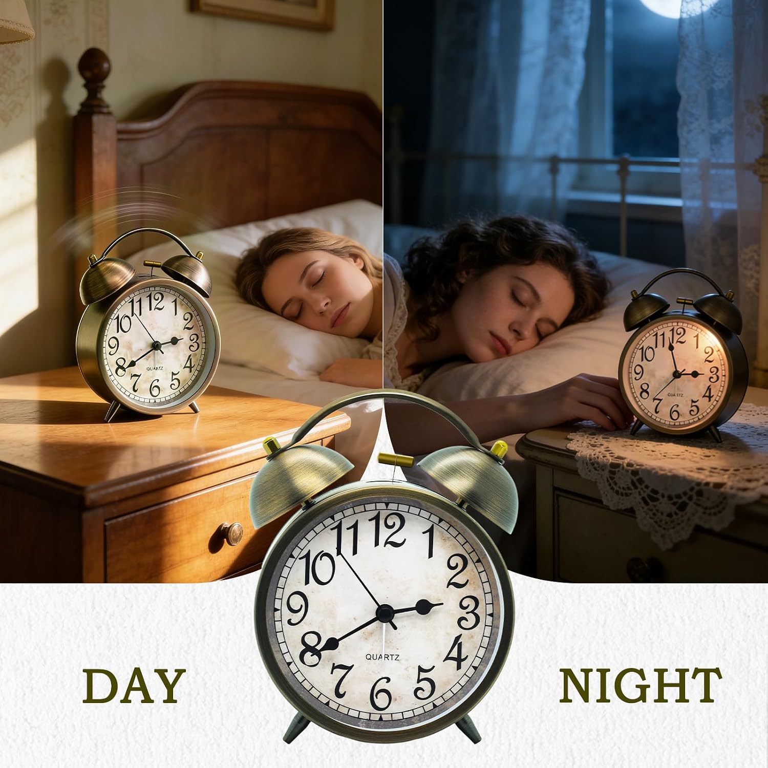 Vintage Twin Bell Alarm Clock - 4.5'' Silent Non-Ticking Analog Desk Clock, Antique Brass Finish, Retro Table Clock for Bedroom, Office & Home Decor, Battery Operated Loud Alarm for Heavy Sleepers