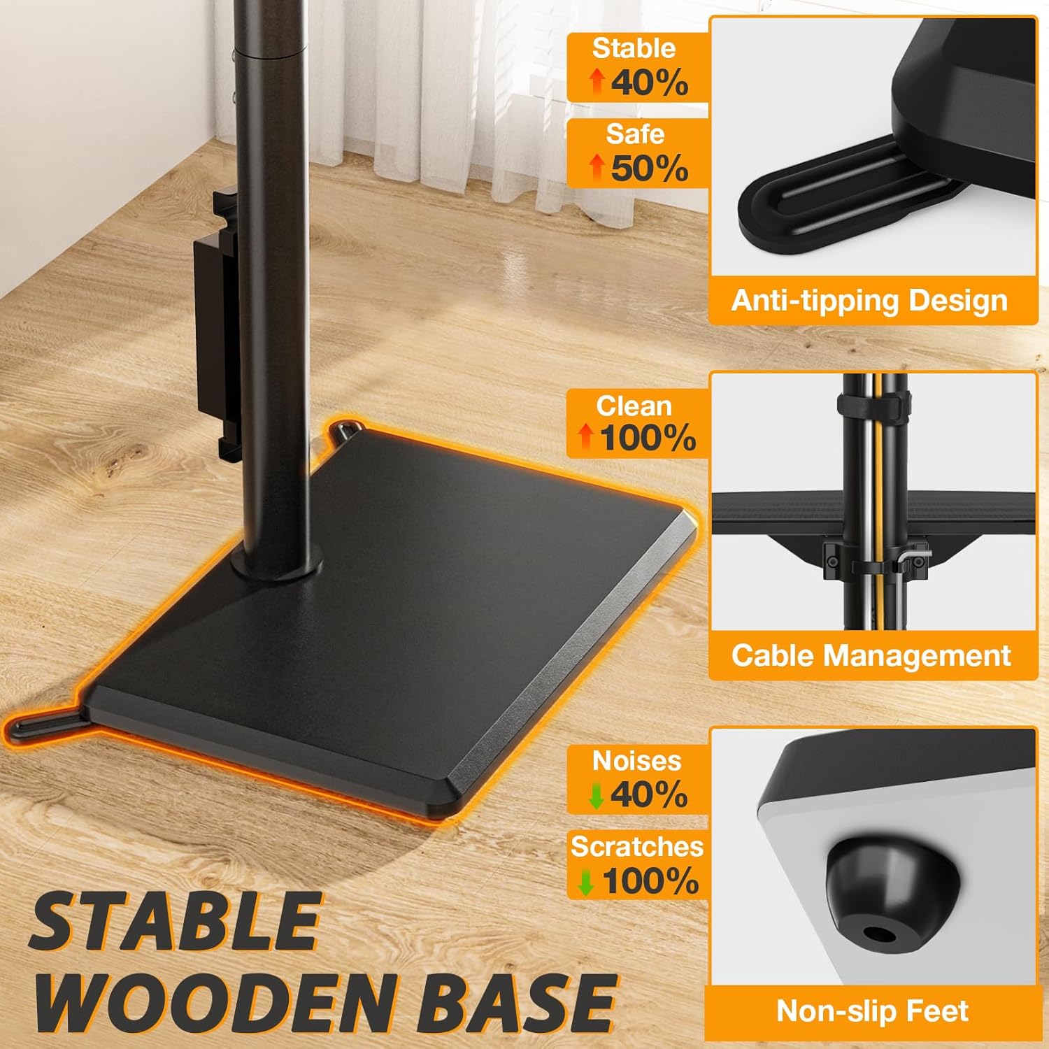 TVON Floor TV Stand with Power Outlet, TV Mount Stand for 32-60 inch TVs up to 88 lbs, Swivel TV Stand Mount with Height Adjustment and Safety Wood Base for Office, Corner, Max VESA 400x400mm