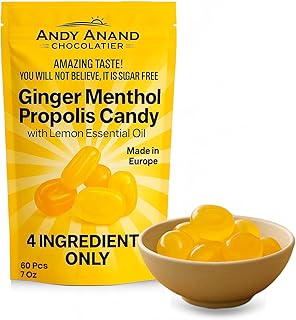 Andy Anand 60pc Sugar Free Ginger Menthol Propolis Candy with Lemon Essential Oil, 4 ingredients Providing Long Lasting Relief. Keto & Diabetic-Friendly, Gluten Free, Vegan, Made in Europe (7 Oz)