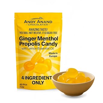 Andy Anand 60pc Sugar Free Ginger Menthol Propolis Candy with Lemon Essential Oil, 4 ingredients Providing Long Lasting Relief. Keto & Diabetic-Friendly, Gluten Free, Vegan, Made in Europe 7 Oz