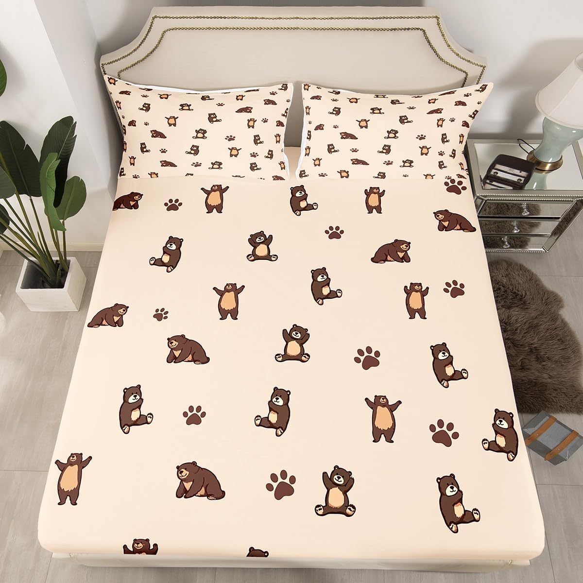 Homewish Cute Bear Bed Sheets Kids Queen Size,Cartoon Bear Brown Paw Print Bedding Set 4Pcs for Boys Girls Teens Room Decor,Wild Animals Fitted Sheet Soft Brown Top Flat Sheet,2 Pillowcases