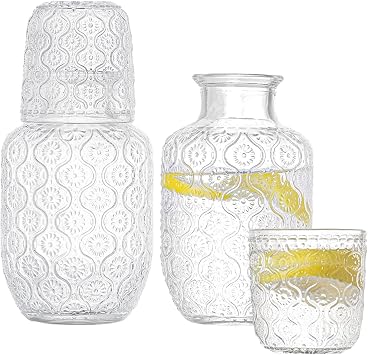 Hniuyun 4Pcs Vintage Bedside Water Carafe Set with Tumbler, 500ml Glass Juice Water Pitcher & 150ml Cup, Glass Mouthwash Bottle for Kitchen, Bedroom or Bathroom