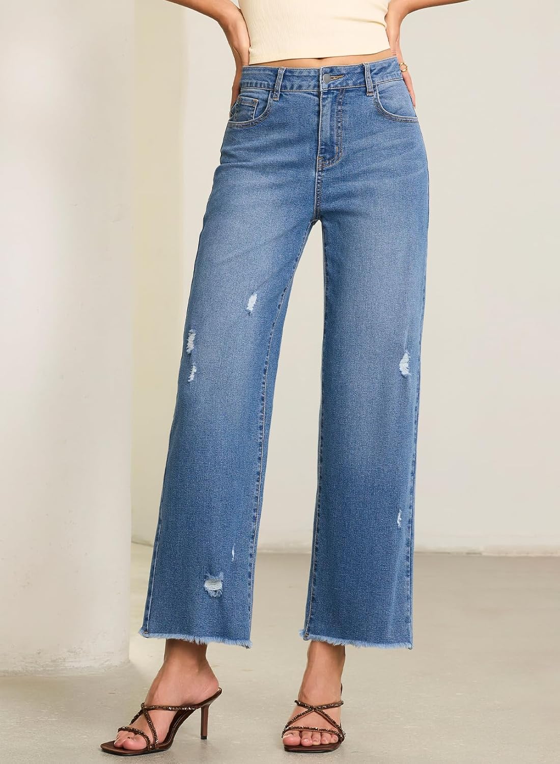 EVALESS Jeans for Women Stretchy Distressed Washed Straight Leg Frayed Raw Hem Denim Ankle Pants with Pockets