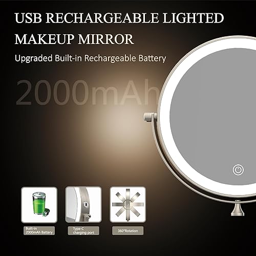 Miniatura 6 de Espejo de maquillaje con luces, espejo de maquillaje iluminado con aumento, recargable de 8 pulgadas, aumento 1X10X, espejo de doble cara, giratorio