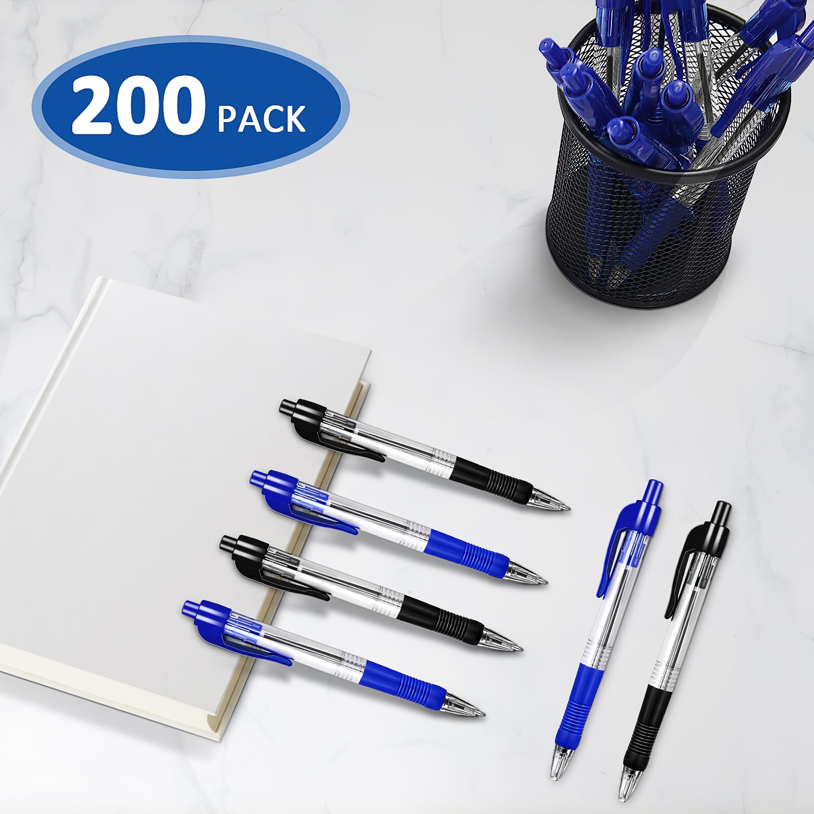 Set di 200 penne a sfera ergonomiche con punta media da 1 mm, antiscivolo, per ufficio, scuola e casa