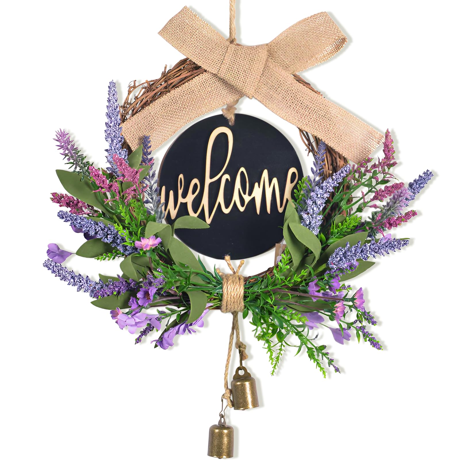 Couronne de Porte Printemps Lavande Artificielle Couronne Porte D'entrée avec Panneau de Journal Welcome, Arcs et Cloches 40cm Décorations de Portes Été pour Portes Fenêtres Clôtures