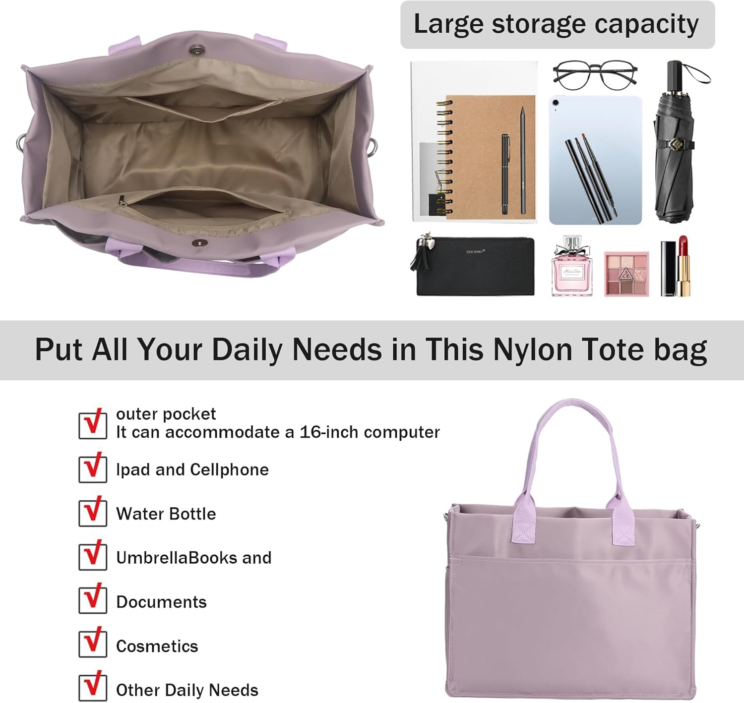 Chinllo Tote Bags for Women, Compartments Nylon Large Tote Handbags