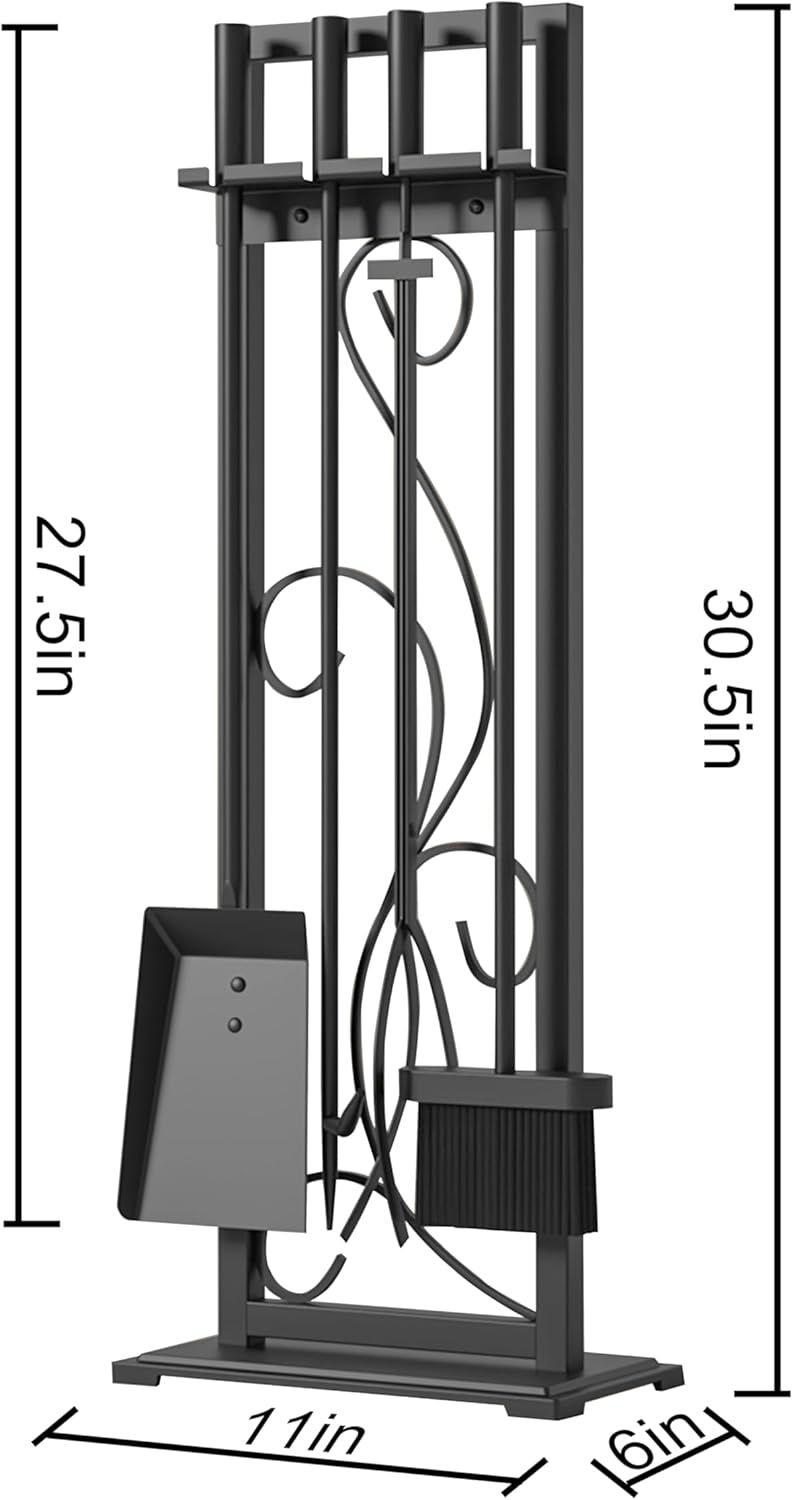 Kingson 5-Piece Heavy Duty Wrought Iron Fireplace Tool Set - Durable Indoor & Outdoor Fireplace Accessories with Decorative Black Finish - Stylish and Functional Hearth Décor for Fireplaces