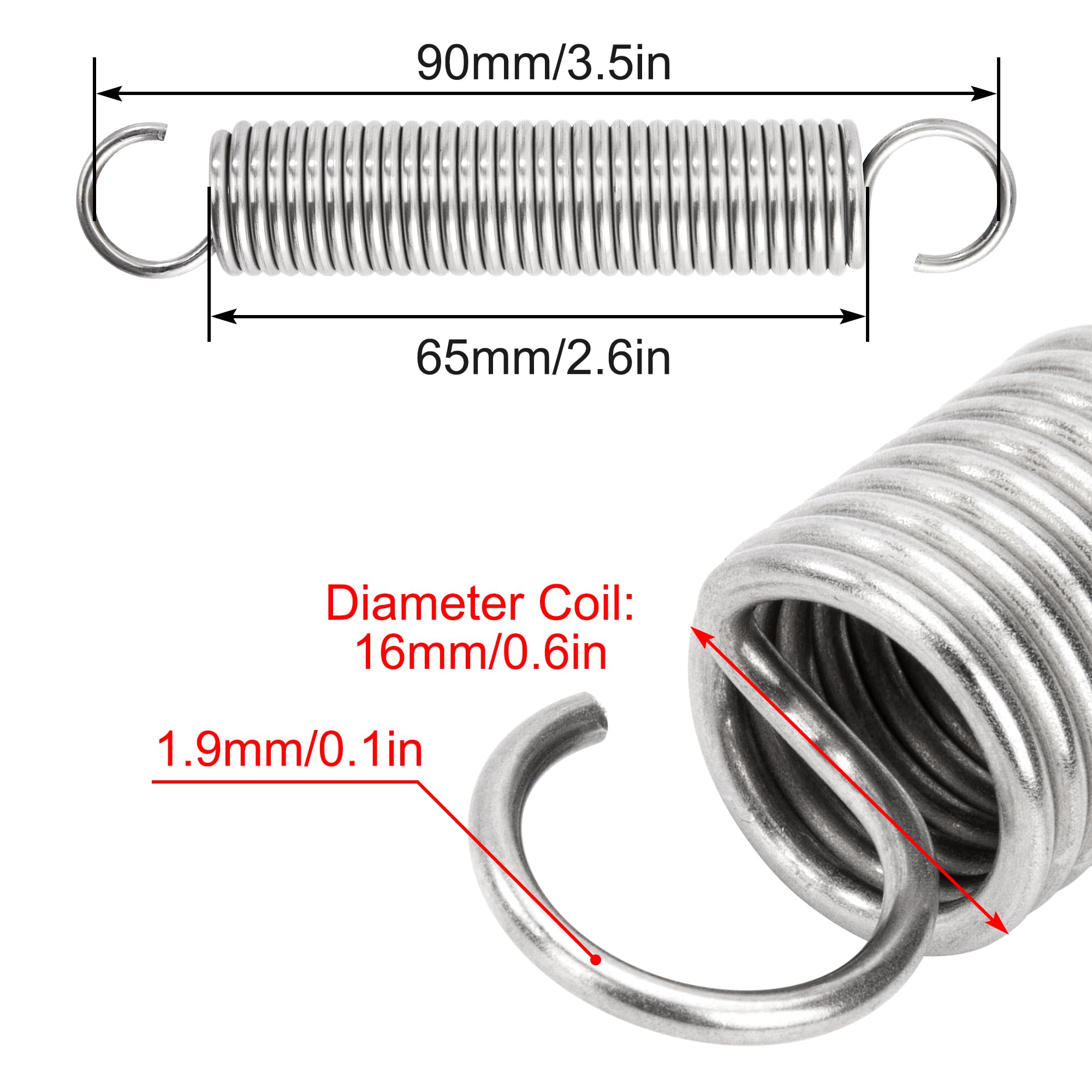 Sprężyny naciągowe 90 mm sprężyna ciągnąca podwójny hak ze stali nierdzewnej średnica drutu 1,9 mm średnica zewnętrzna 16 mm ciągnięcie 7,20 kg 2 sztuki